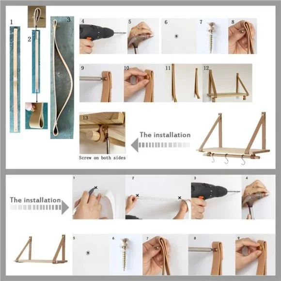 Wall Wood Floating Shelves, PU Leather Strap Storage Shelves, Set of 2 - Picture 7 of 7